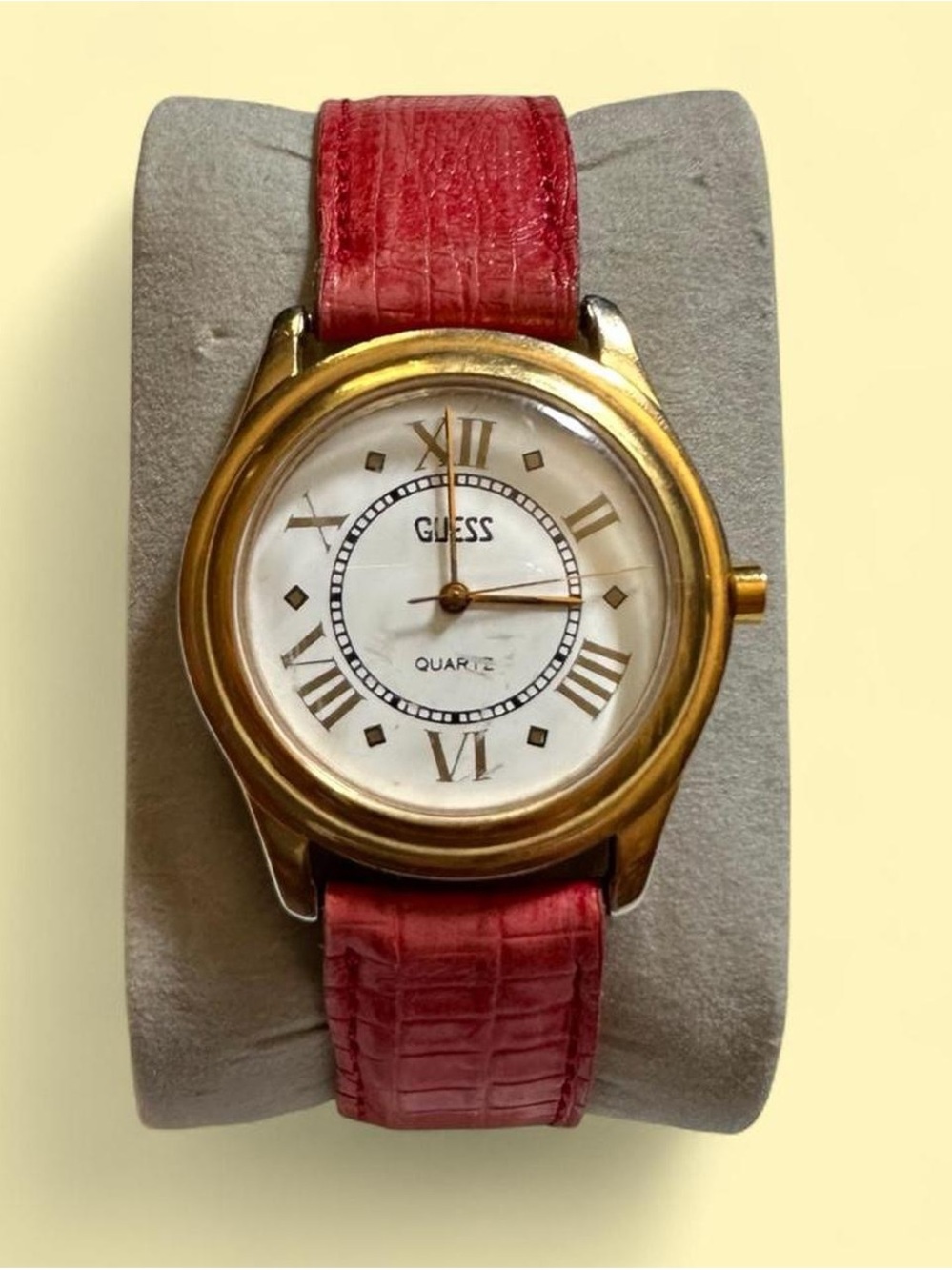 Vintage 1980s GUESS Women's Gold Case Watch with Red Leather Strap